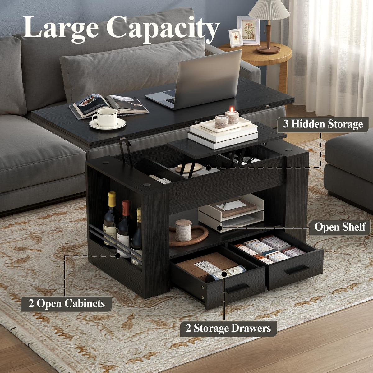 Lift Top Coffee Table, 4 in 1 Multi-Function Coffee Table with Storage Shelf and Hidden Compartment, Center Table with Large Drawers, Converts to Dining Table for Living Room, Home Office (Black)