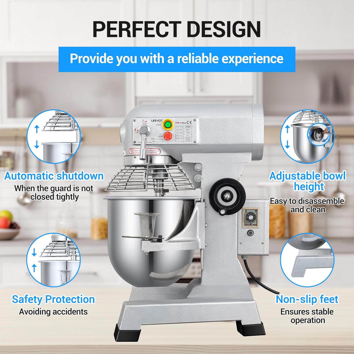 LEEVOT Commercial Food Mixer 15 Qt with 3-Speed Adjustment, 600W Commercial Mixer with Timer, Heavy Duty. Commercial Dough Mixer with Stainless Steel Bowl, Suitable for Bakeries and Pizzerias