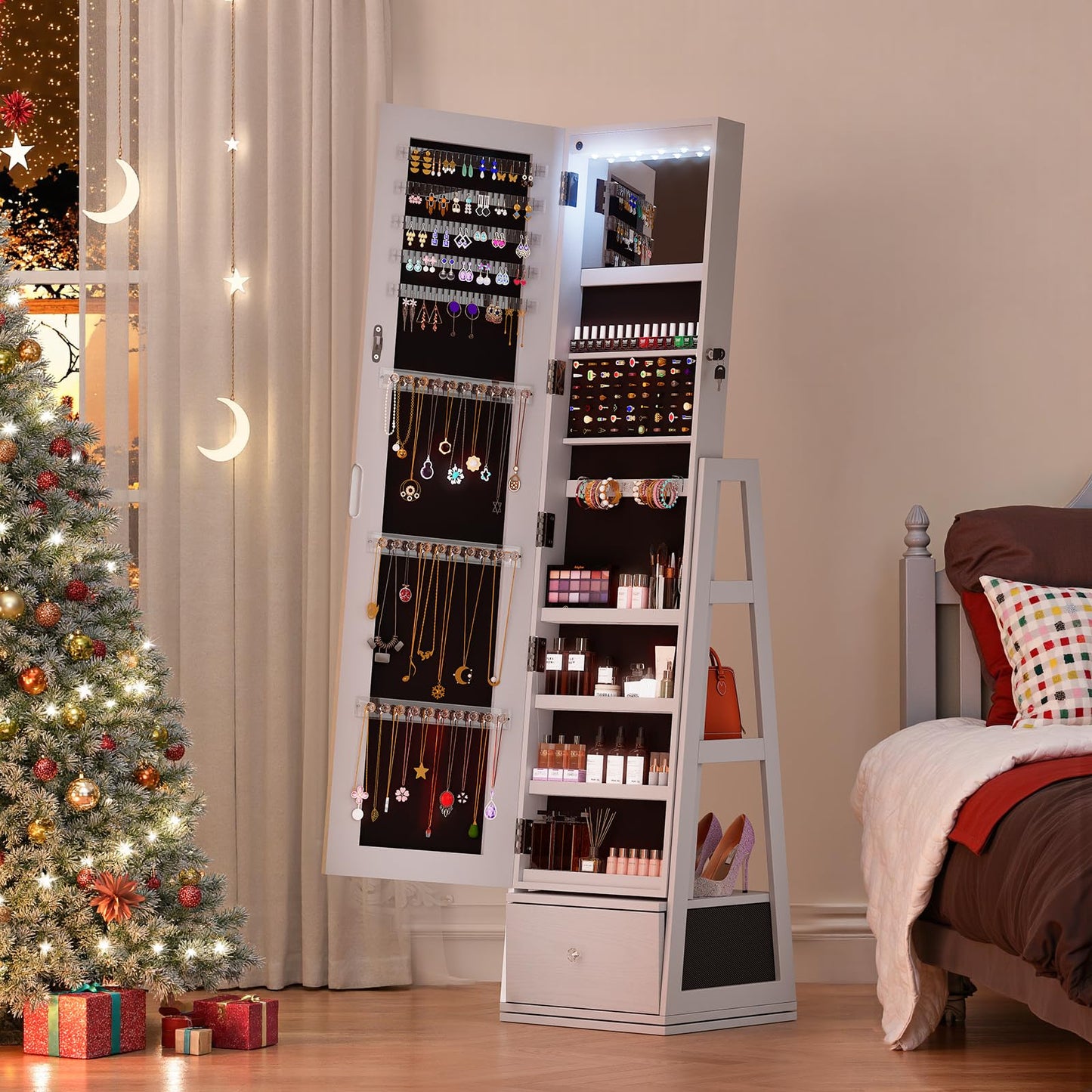 FAVSH Jewelry Cabinet with Drawer, 5-In-1 Standing Jewelry Armoire with LED Lights, 360° Swivel Jewelry Organizer with Full Length Mirror, White