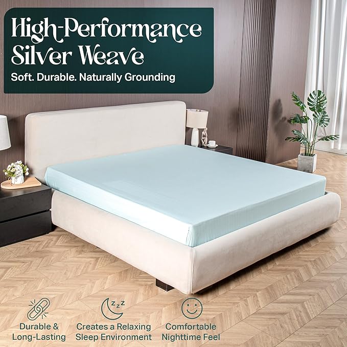 KONDITO Luxury Grounding Sheets King, 90% Organic Cotton+ 10% Pure Silver Fiber,Grounded Bed Sheet Kit, Deep Pocket Grounded Bed Sheet, Relieves Pain - Used for Healthy Sleep Therapy - Seafoam Silver