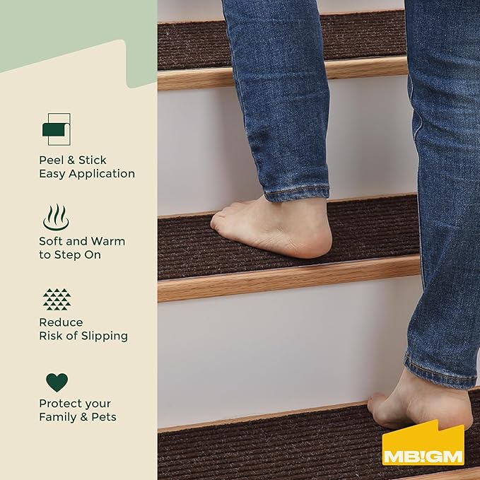 MBIGM 8" X 30" (7 in Pack) Non-Slip Carpet Stair Treads Non-Skid Safety Rug Slip Resistant Indoor Runner for Kids Elders and Pets with Reusable Adhesive - Brown