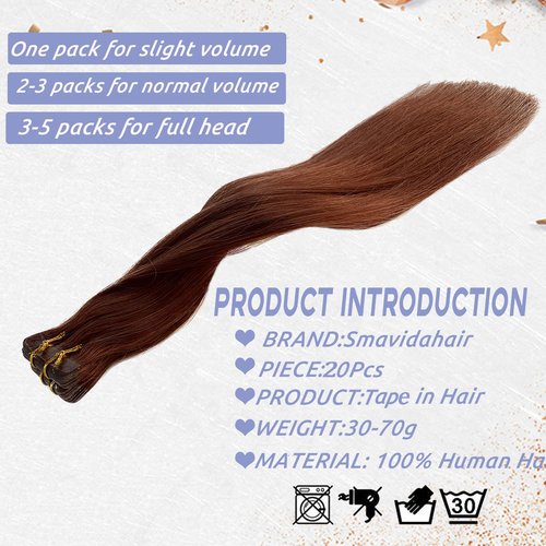 Dark Auburn Remy Tape in Hair Extensions Premium 100% Human Hair with Invisible Tape Attached Semi Permanent Hair Extensions 24Inch Silk Straight Human Hair Extensions 70grams for Girls/Women