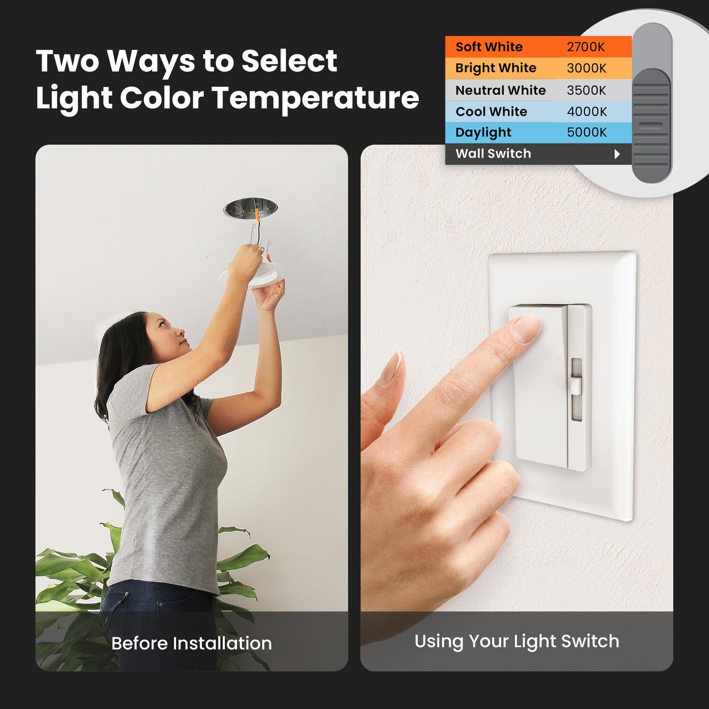 Feit Electric 4" Recessed LED Downlight, 75W Equivalent, Dimmable, Retrofit with E26 Adapter, 5CCT High Output, Light Switch Enabled, Lumen Select, 45-Year Lifetime, LEDR4HO/6WYCA/4, 4 Pack