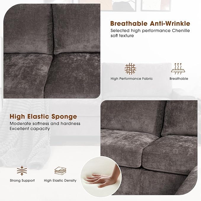 Couchus 88" Upholstered Sofa Couch with Seats Storage, Chenille Fabric Couch for Living Room, Office, Apart W/Deep Seat, Wide Arms, Side Pockets,Removable Cover (Dark Grey)