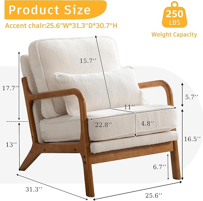 SEYNAR Mid-Century Accent Chair,Sherpa Fabric Lounge Chair with Wide Armrest,13-16.5'' Low Seat Height Armchair with Lumbar Pillow & Solid Wood Frame for Living Room, Bedroom, Balcony(Cream White)
