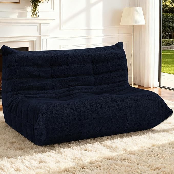 HABUTWAY Bean Bag Chairs Fireside Lazy Floor Sofa, Soft Teddy Fleece 2 Seater Sofa with High-Resilience Foam Filling，Beanbag for Living Room, Bedroom, Office (Navy Blue Teddy)