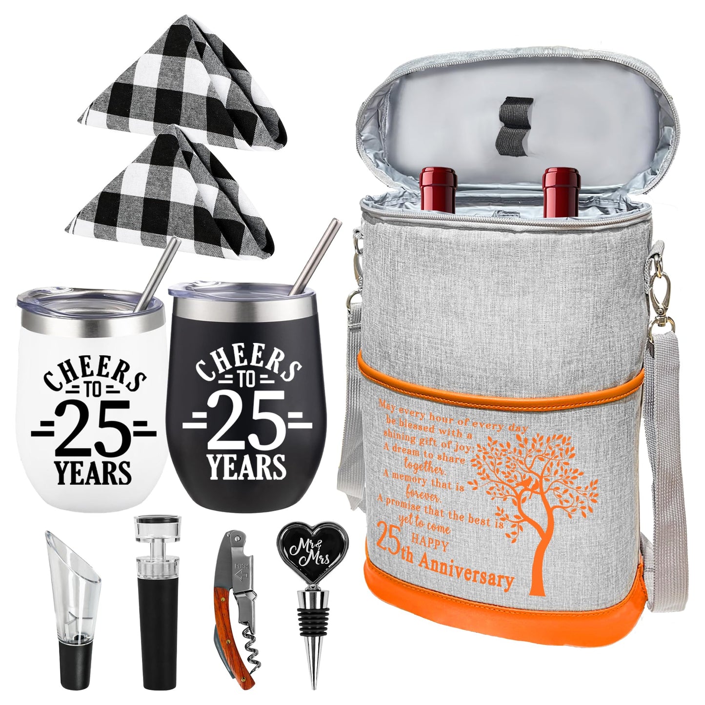 Dolficy 25th Anniversary Wine Cooler Bag Gift for Couples, Wedding Gifts for Parents, Friend, Her, Him, 25 Years Mr. & Mrs Insulated Cooler Tote, Tumbler and Accessories