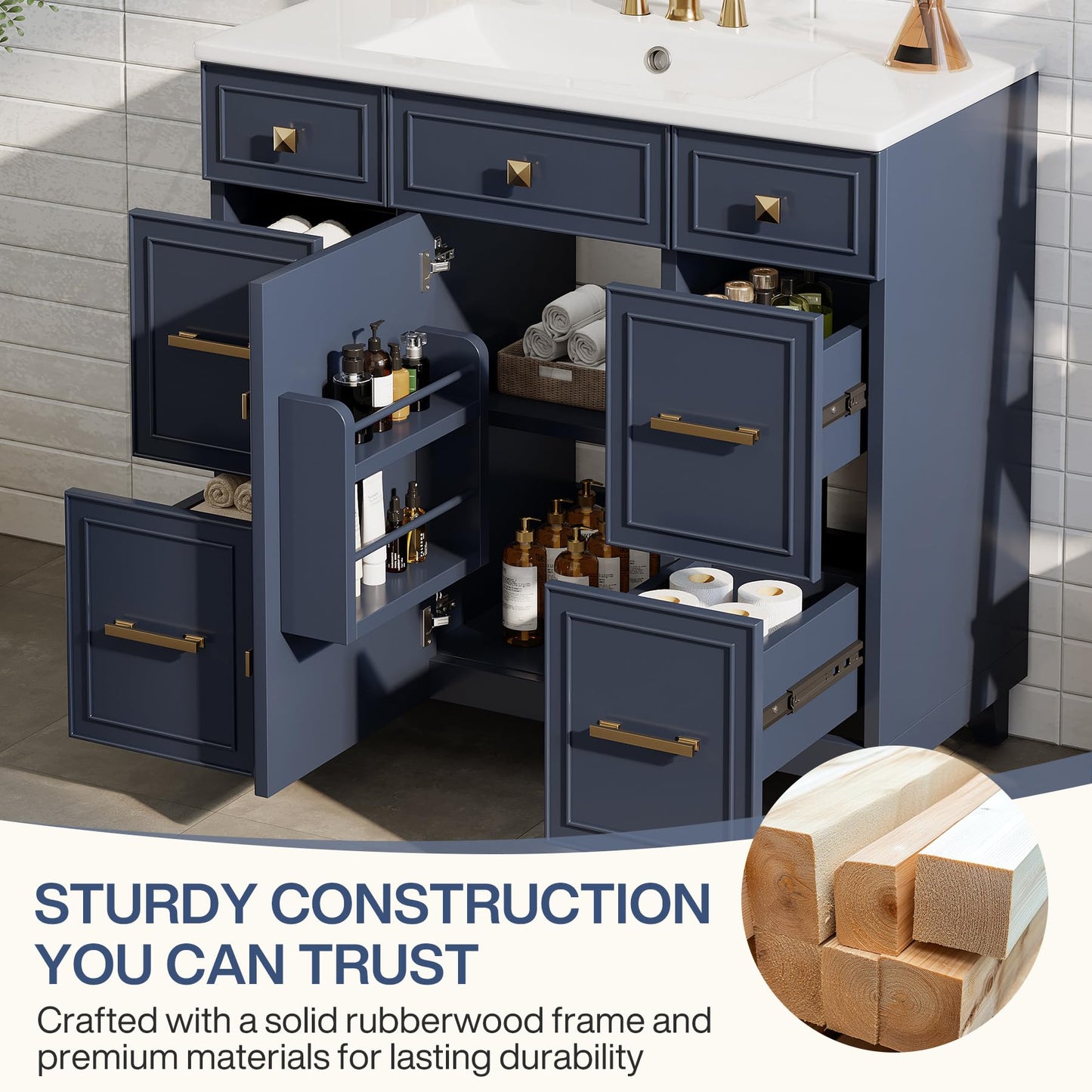 Tribesigns 36 Inch Bathroom Vanity with Sink, Modern Bathroom Cabinet with Soft-Closing Door & 4 Drawers, Adjustable Shelf, Solid Wood Frame Bath Storage Vanity Sink with Metal Handles, Navy Blue
