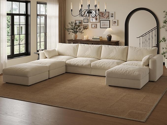 Cloud Modular Sectional Sofa Couch with Storage Ottoman, 128" Oversized Sectional Couches for Living Room, Cloud Modular U-Shaped Sofa with Chaise, 7 Seater, Chenille, Beige