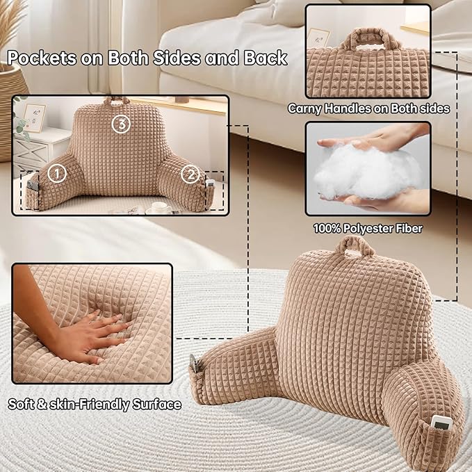 PAJEO Reading Pillow for Sitting in Bed, Large Backrest Reading Pillow with Arm Rest,Back-Rest Support Cushion for Sit Up on Couch, Sofa, and Floor, Dorm Essentials (Khaki Flannel, Large(19"))