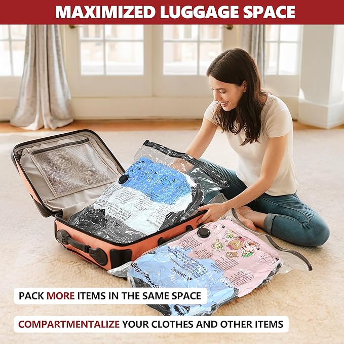 SUOCO Vacuum Storage Bags for Travel with Rechargeable Pump, 8 Small Compression Packing Seal Bags for Luggage Suitcase, Space Saver for Clothing and Clothes Travel