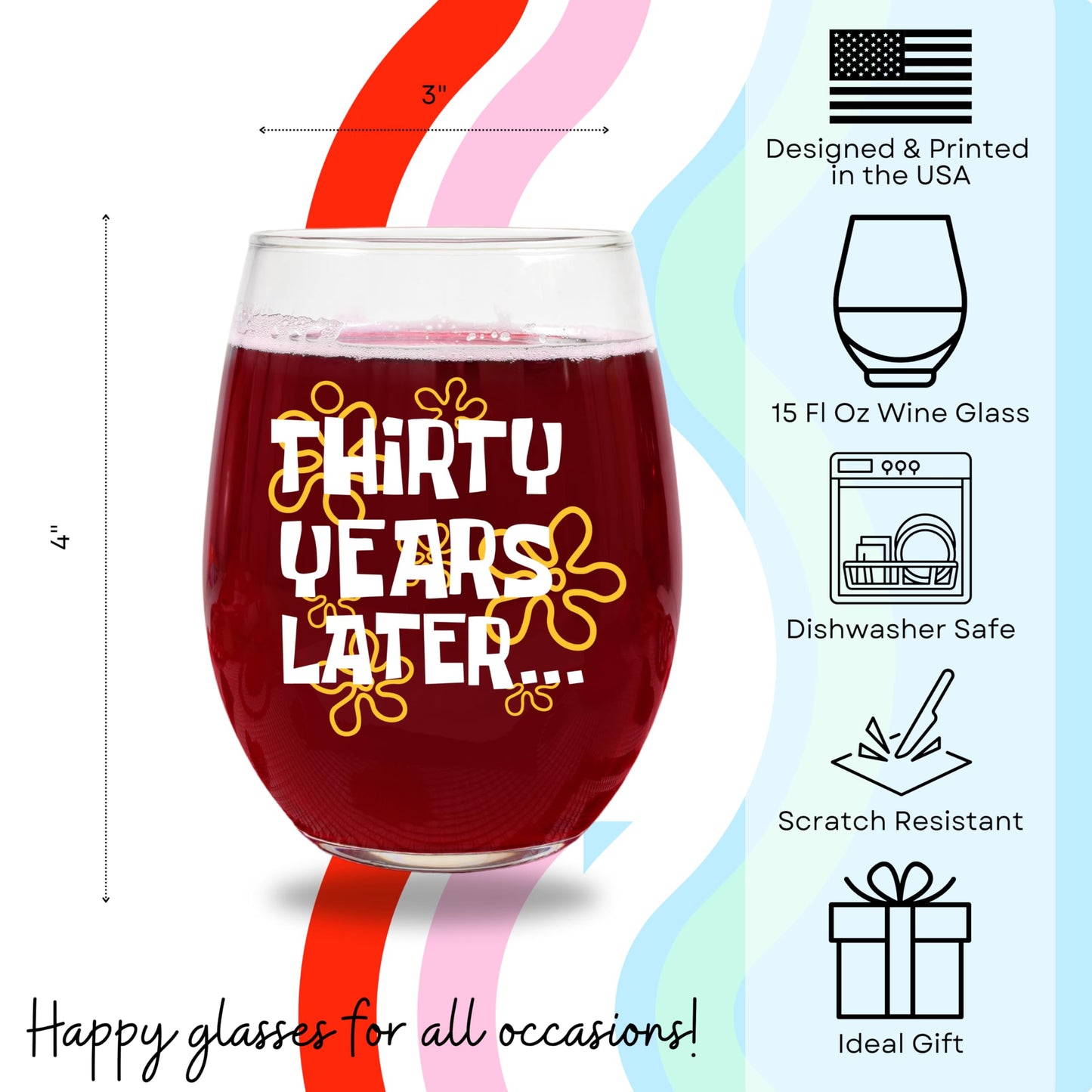 Funny 30th Birthday Wine Glass for Women – “30 Years Later” Design – 15oz Stemless Glass – Nostalgic Gift for Her, Retirement Present, Best Friend or Wine Lover Gift