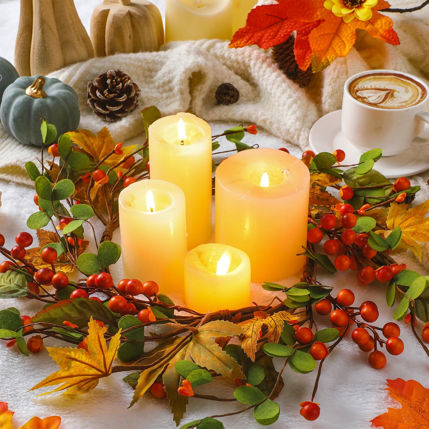 FineCheer 1 Pcs 6.5'' Inner 12" Outer Fall Candle Rings Artificial Maple Leaves Berries Garland for Candlestick Autumn Wreath Candle Holders for Fall Thanksgiving Halloween Table Centerpiece Decor