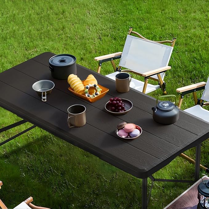 RootRise 4Ft Folding Table Adjustable Height Portable Folding Tables Heavy Duty 400 lbs Capacity, Wood Grain Tabletop for Working Meeting Parties, Picnic, Camping, Weddings, Garden Dining-Black (4FT)