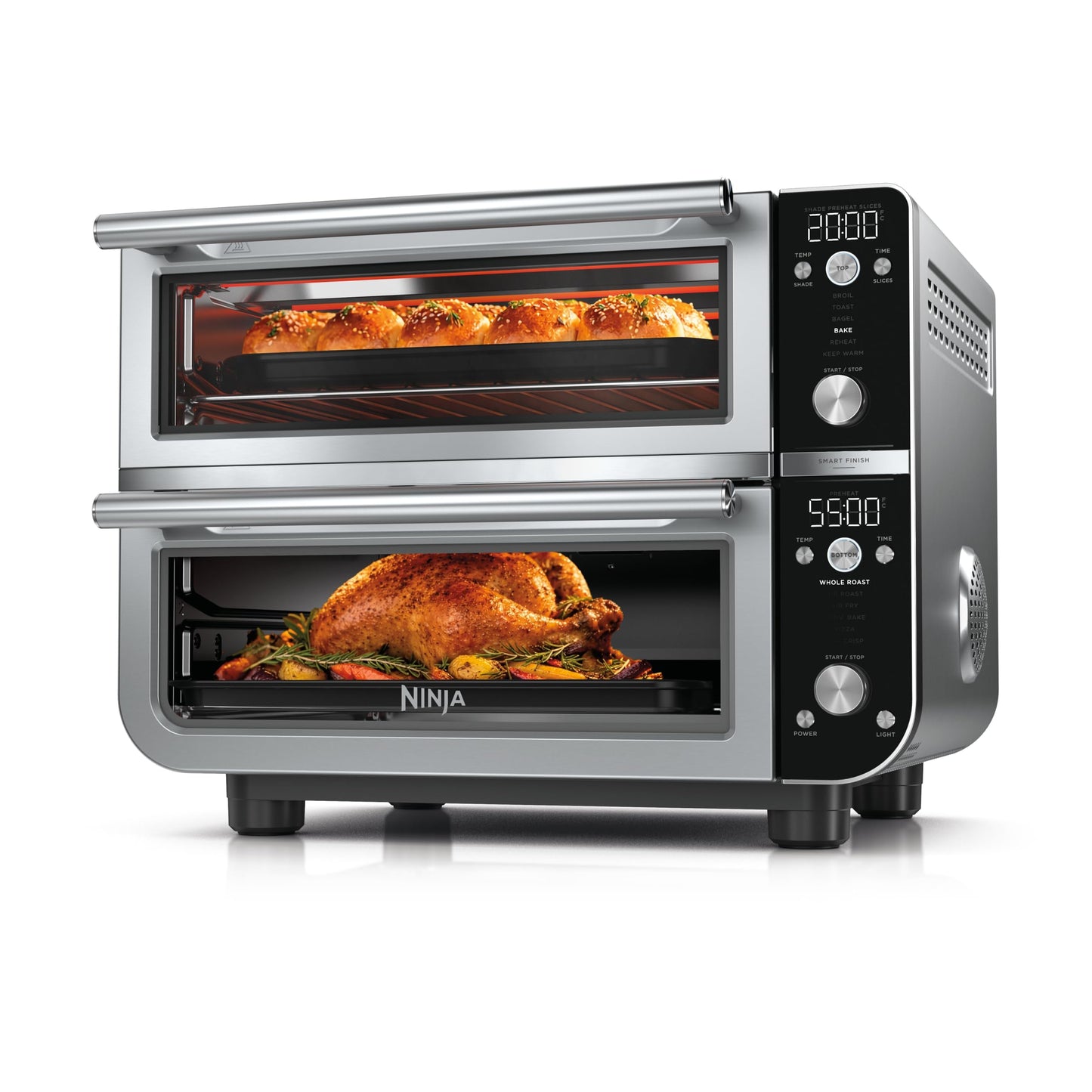 Ninja Double Oven Pro Smart XL Countertop Oven & Air Fryer | 30.2 Qt Capacity | 12-in-1 with Smart Finish & DualZone Tech to Cook 2 Meals at Once | Fits up to 4.5lb Chicken | Stainless Steel | DCT801
