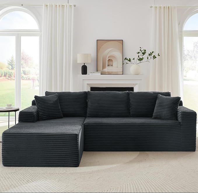 Vanress Cloud Couch Sectional, Corduroy Boneless Couch with L-Shape Chaise, Modern Modular Sectional Sofa Comfy Deep Seat for Living Room, Bedroom, No Assembly (Dark Grey, Left Facing Chaise)