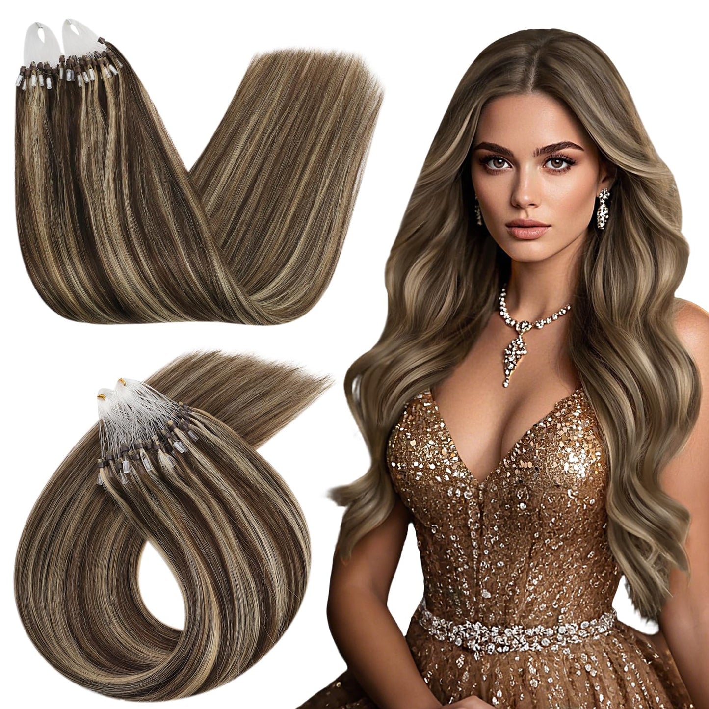 Ugeat Microlink Real Hair Extensions Highlight Long Straight Dark Brown Highlight Caramel Brown Micro Bead Human Hair Extensions
