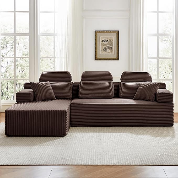 ZQRhome 104" L Shaped Boneless Couch Sectional Sofa with Chaise & Headrest, Boneless Deep Seat Plush Corduroy Couches for Living Room, No Assembly Required (Brown, 104" L-shapred Chaise)