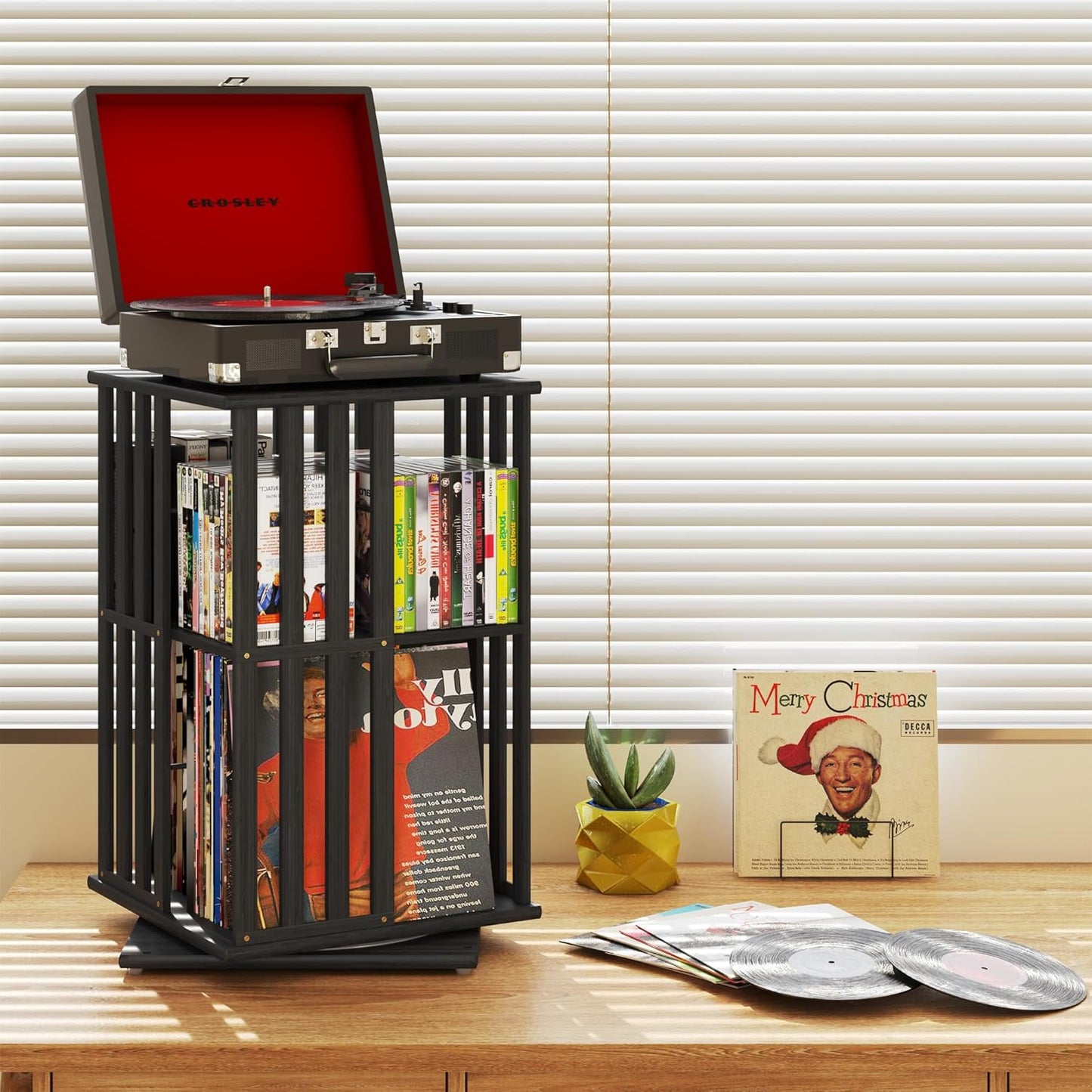 XIMN 360° Rotating Bamboo CD/DVD Shelf - 6-Tier Space-Saving Media Storage Cabinet for Movies, Organizer with Super Compact Design (Black, 2 Tier)