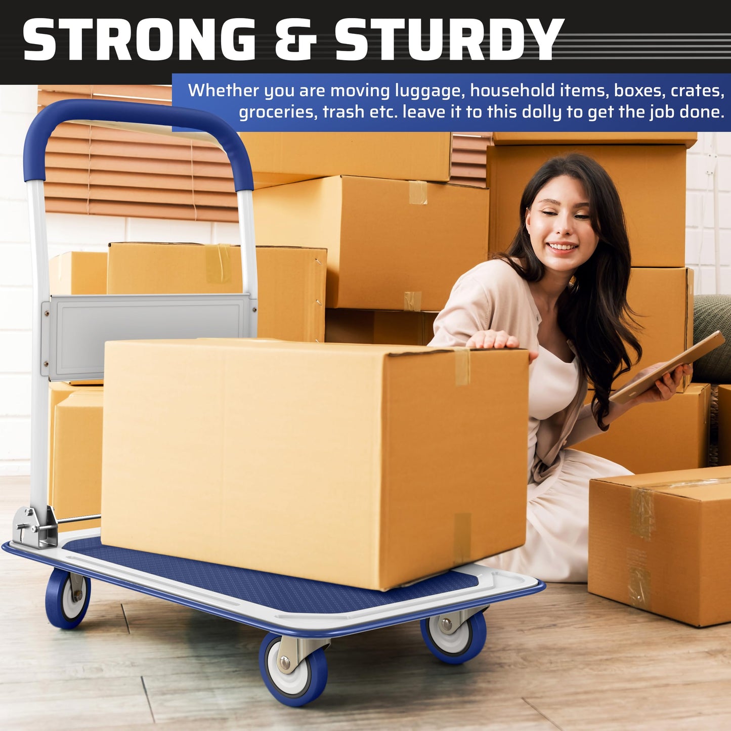 Heavy Duty Foldable Push Cart Dolly | 330 lbs. Capacity | Upgraded Collapsible Hand Truck Folding Platform with Swivel Wheels | Flat Bed Moving Wagon | Space Saving Push Handle (Blue)