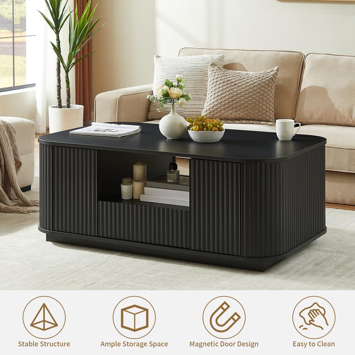 SZTHHDF 46.5" Coffee Table with Storage, Mid Century Modern Coffee Table with Drawer Wave Pattern Center Table with Door for Living Room, Office, Apartment, Black