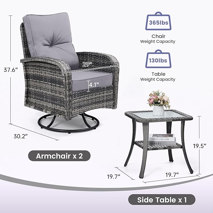 wildformers Luxury Outdoor Swivel Wicker Glider Patio Chairs with Table Set, Overstuffed Washable Cushions, Ideal for Porch, Balcony, Deck, Grey Rattan and Grey Cushion