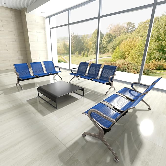 Kinsuite Set of 2 Waiting Room Chairs with Arms - 3-Seat Airport Reception Bench, Lobby Bench Seating for Business Hospital Market, Blue