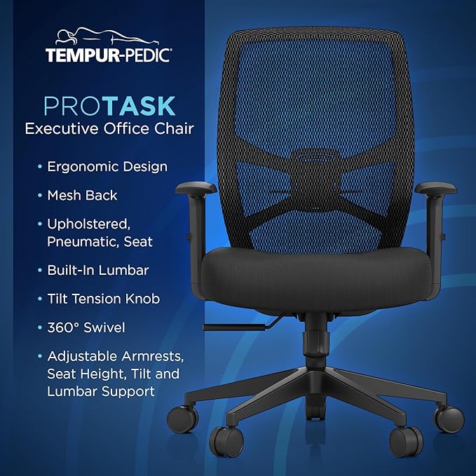 Tempur-Pedic ProTask Executive Task Office Chair with Cooling Gel Layer and Built-in Lumbar Support, Height-Adjustable Ergonomic Mesh Office Desk Chair, Black
