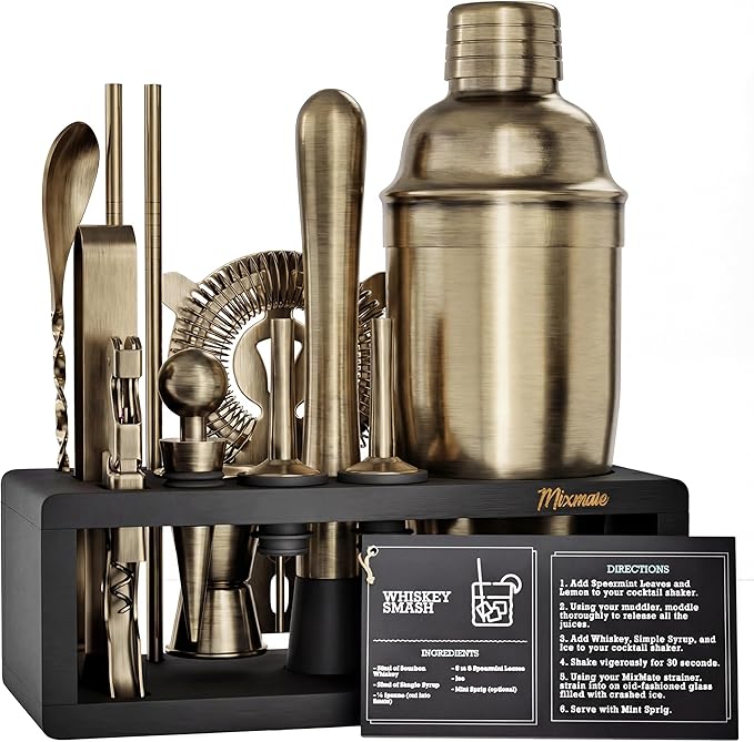 Brushed Brass Mixology Kit - 15 Piece Bar Tool Set, Silver Bar Set Cocktail Shaker Set for Drink Mixing - Includes Martini...