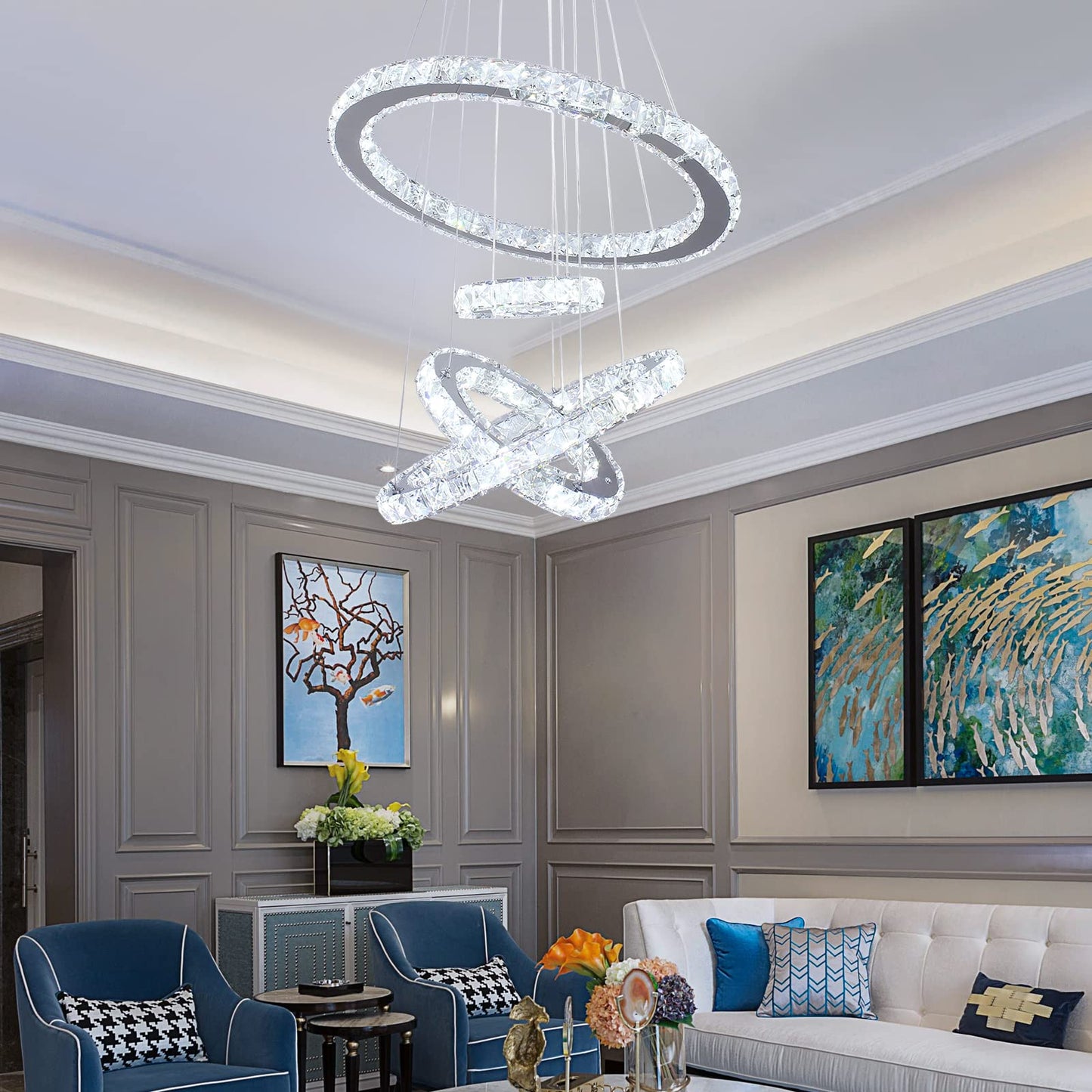 diisunbihuo Crystal Chandeliers Modern LED Rings Pendant Light Adjustable Stainless Steel Ceiling Light Fixture for Living Room Dining Room Bedroom (Cool White)