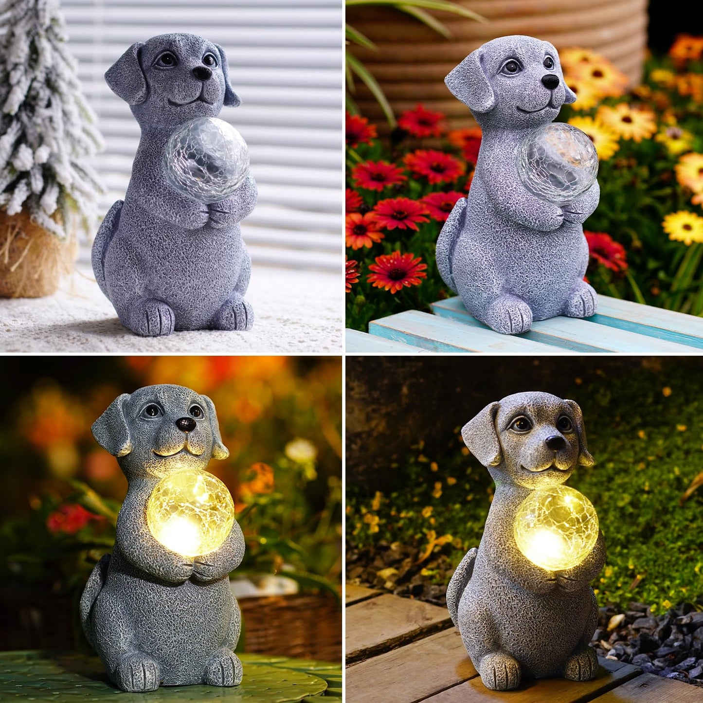 Tiejiajiang Solar Dog Garden Statues - 8.4 "Dog Decor with Gazing Ball Solar LED Lights, Unique Gifts for Mom Grandma Birthdays, Outdoor Decor for Outside Lawn Porch Patio (Gray)