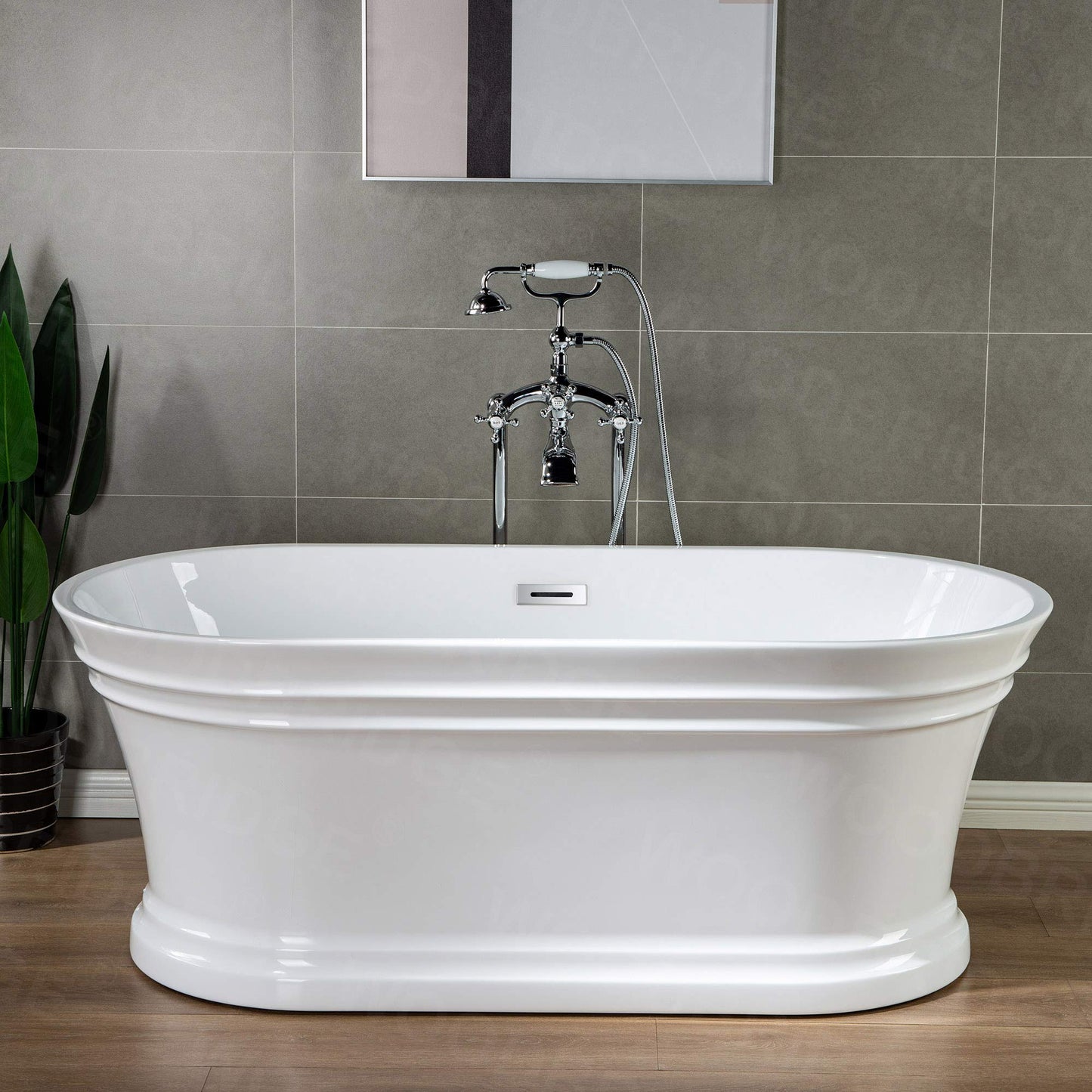 WOODBRIDGE 59"Freestanding White Acylic Soaking Bathtub with White Pillow,Drain and Overflow inChrome,BTA1536 -C-Drain &O+ Pillow