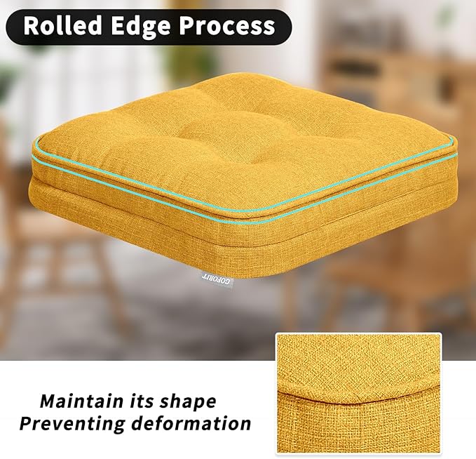 GOFORIT Memory Foam Cushion，Square Seat Cushions for Dining Chairs,Non-Slip Chair Pads with Removable Cover, 16'' x 16'',4 Pack, Yellow