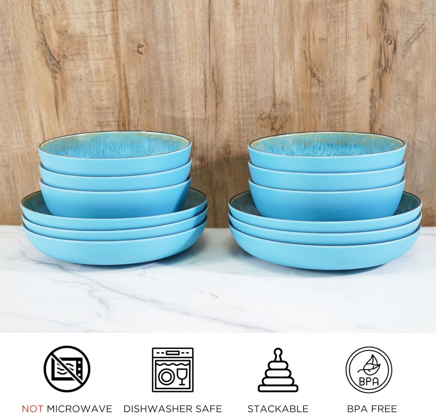 TP 12-Piece Dinnerware Set, Melamine Dishes Set with Bowls and Plates, Non-breakable and Lightweight Round Dinner Set for 4, Teal