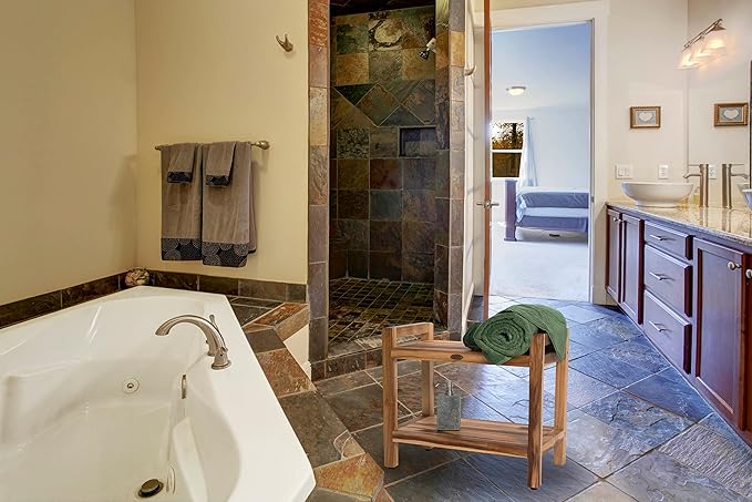 EcoDecors Eleganto 24 Inch Natural Color Waterproof Teak Wood Shower Bench Stool Seat Chair For Inside Shower Provides Safety, Storage, and Organization For Bathroom Accessories