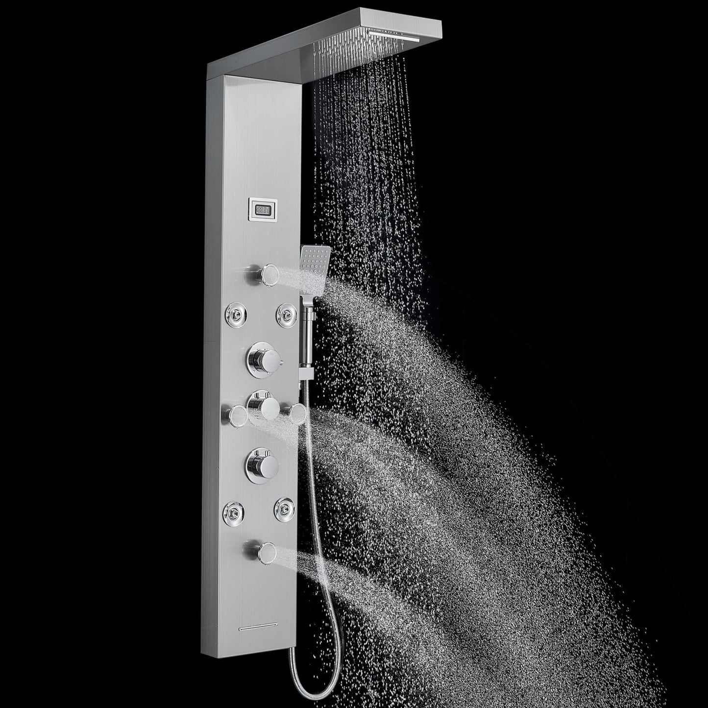ROVOGO Shower Panel with 4 Body Jets and 4 Mist Spray, Rainfall Waterfall Shower Column Tower with Handheld, Tub Spout and Water Temperature Display, Stainless Steel Brushed