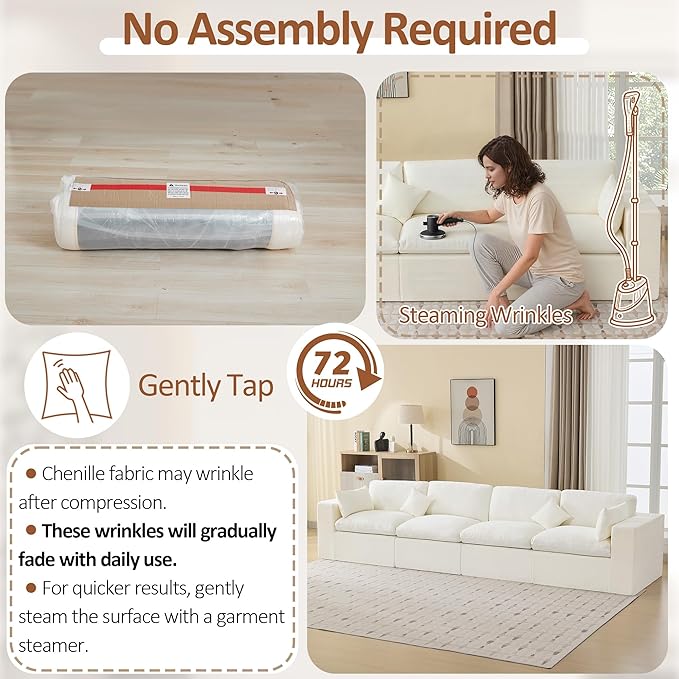 155''Cloud Boneless Sectional Couch, Modular Sectional Sofa Deep Seat, Oversized Upholstered Convertible Comfy 4 Seater Chenille Memory Foam Sofa Couches for Living Room, Beige