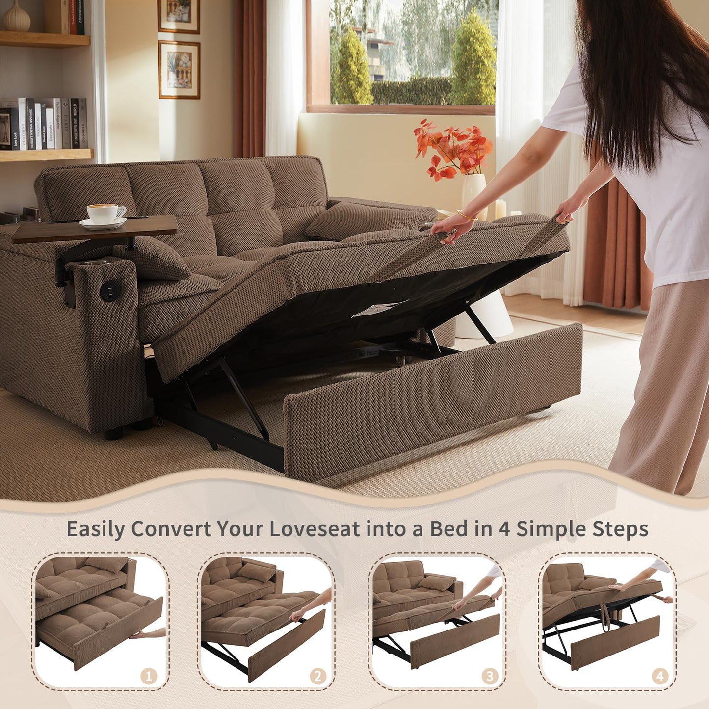 hansones 65'' 3-in-1 Folding Convertible Sofa Bed, Queen Size Pullout Sofa, Modern Chenille Fabric, 360° Swivel Side Table, Easy Assembly, Perfect for Living Room