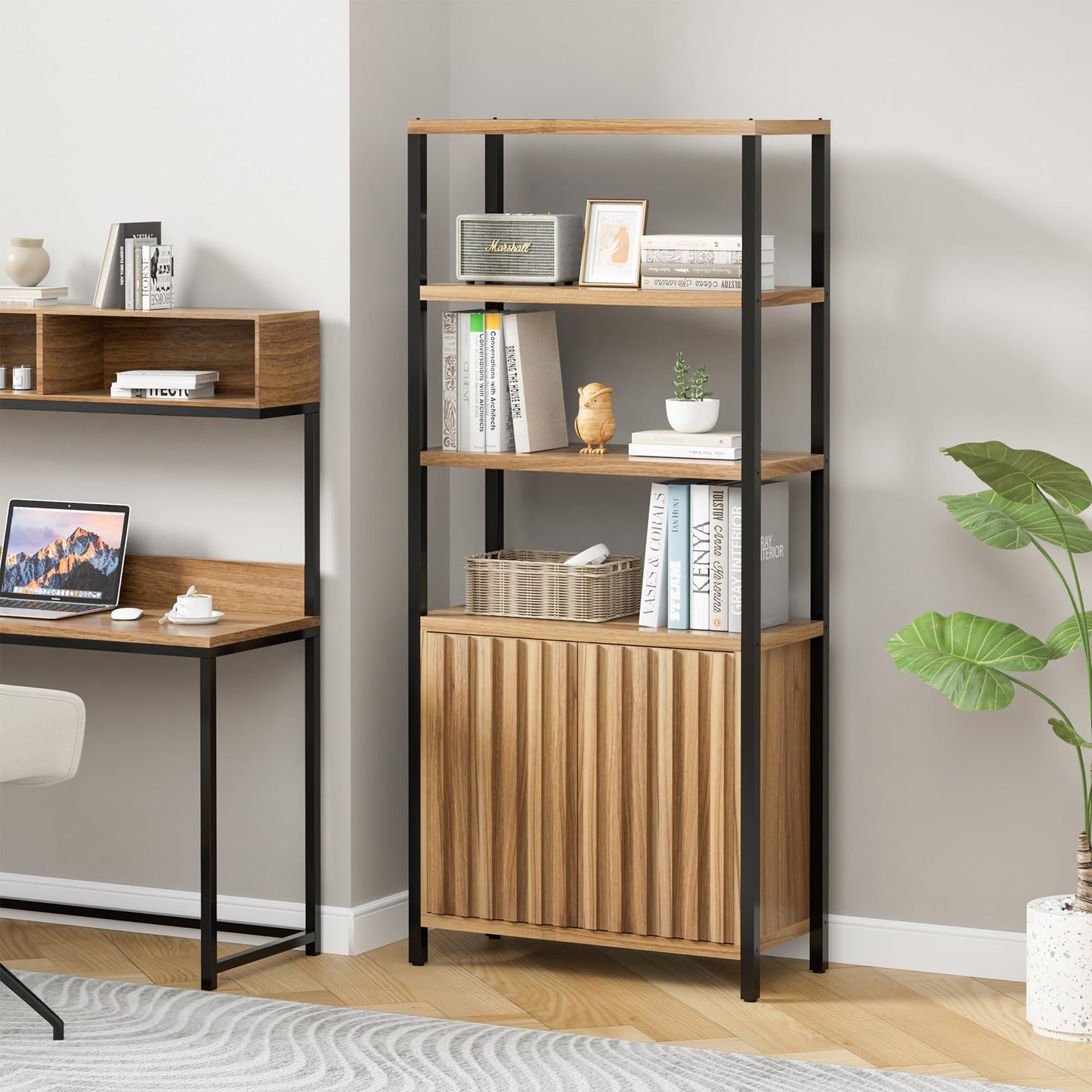 UEV 5 Tier Wood Boho Bookshelf with Storage Door,Fluted 71 in Tall Bookshelf with Metal Stand,Mid Century Modern Large Accent Bookcase for Living Room,Bed Room (Wood, 1 Piece)