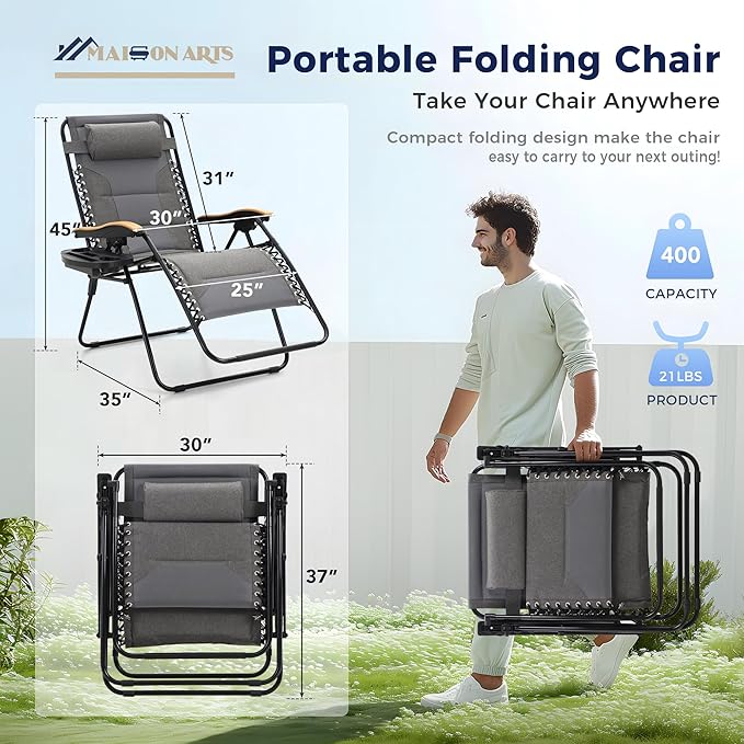 MAISON ARTS Oversized XXL Zero Gravity Chair Set of 2, 30" Wide Seat Padded Foldable Recliner, Anti Gravity Outdoor Lawn Chair for Poolside/Backyard/Beach, Supports 400lbs, Light Grey