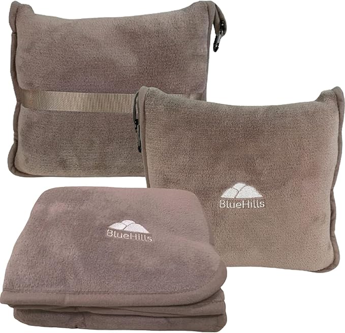 BlueHills Premium Soft Travel Blanket Pillow Airplane Flight Blanket Throw in Soft Bag Pillow case with Luggage Belt & Bac...