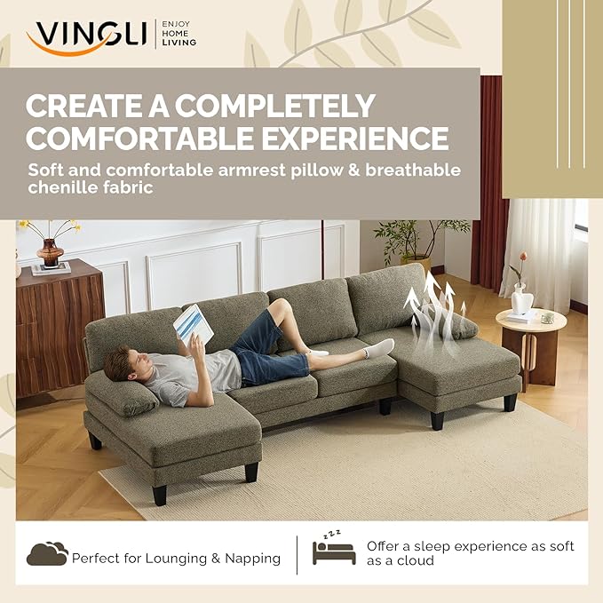 VINGLI 110' U-Shaped Sectional Couch with Two Chaise, Affordable Small Sofa with 4 Seats, Chenille Fabric Comfy Couches for Living Room, Khaki