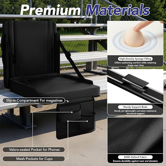 janiry Stadium Seats with Back Support 2PACKS Adjustable Bleacher Chairs with Back and Cushion Bleacher Seat with Cup Holder, Carry Handle & Shoulder Strap for Outdoor Sports Events, Picnics, Beaches
