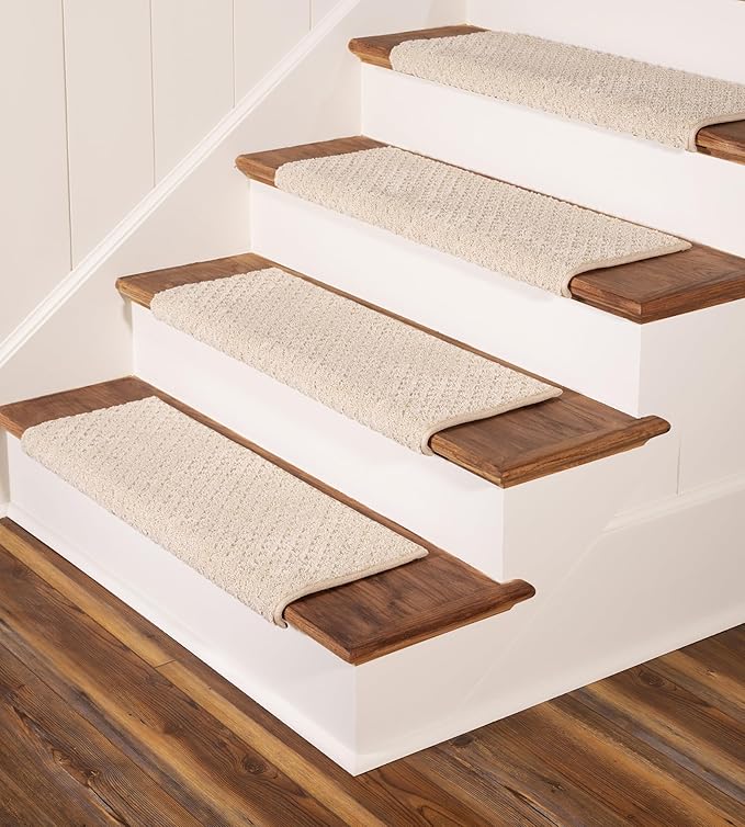 Oak Valley Designs™ Rounded Bullnose Carpet Stair Treads - Anti Slip Indoor Stair Mats for Wooden Stairs, Style: Bayside Charm, Crystal Canyon 35" W X 9.75" D (Set of 4)