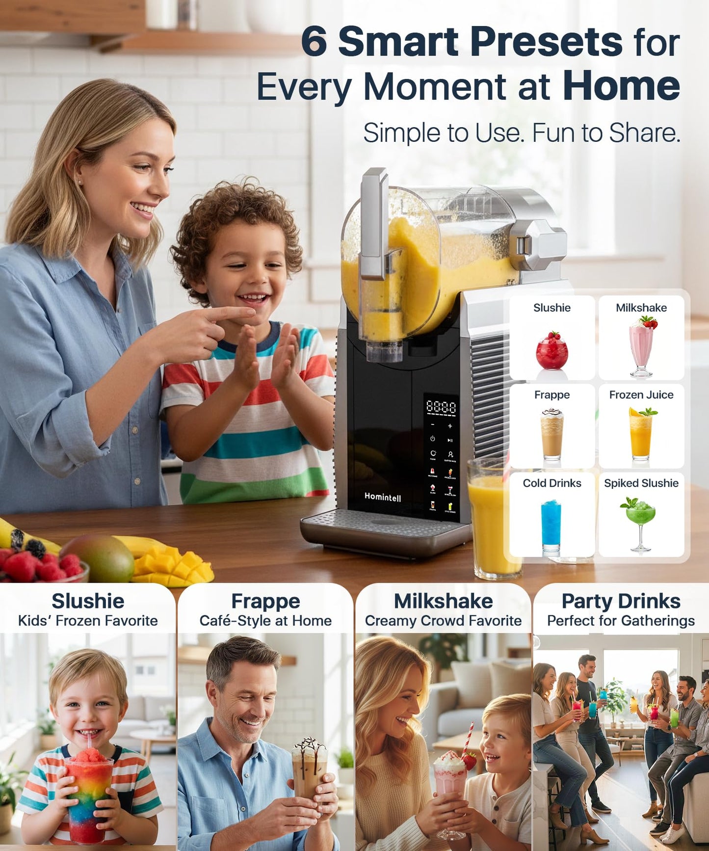 Homintell Slushie Machine for Home, No Ice Needed Frozen Drink Maker, 68oz Large Capacity with 360° QuickChill, 6 Presets & 10 Texture Settings, LED Touch Panel, Self-Cleaning for Margarita, Milkshake
