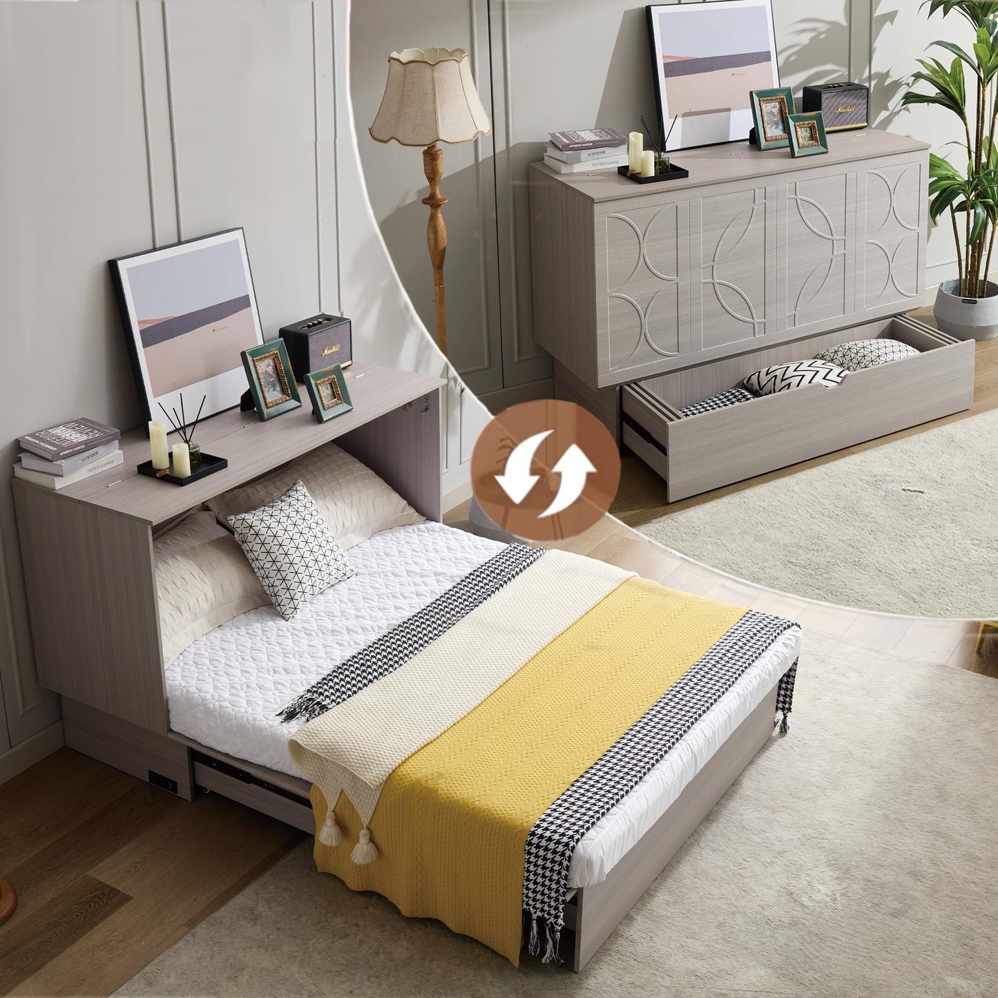 KEIKI Murphy Bed Cabinet Queen - Foldable Wall Bed with Foam Mattress, 2 Large Storage Drawers & USB Charging Station, Space Saving Furniture for Guest Room, Bedroom, Office, Living Room, Grey