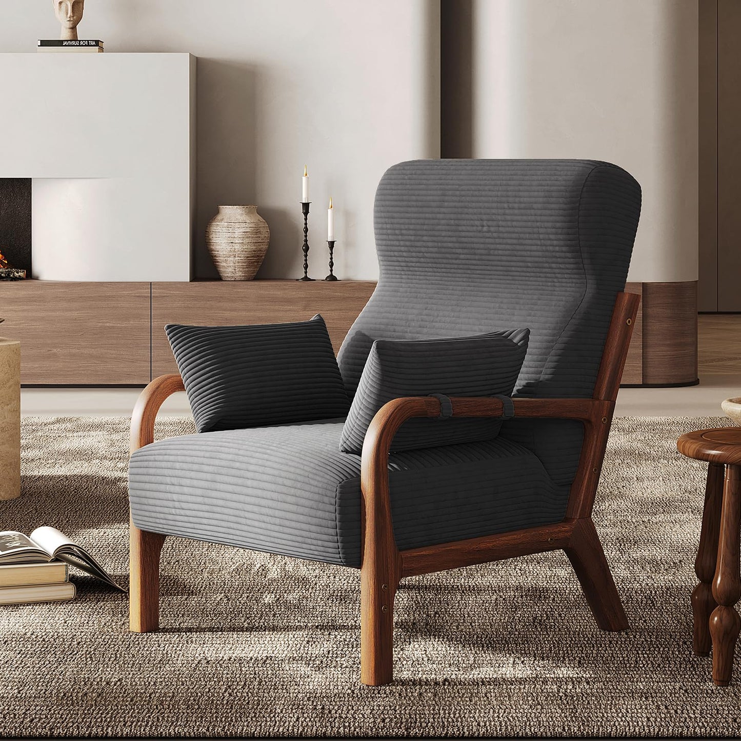 Bestier Mid Century Ergonomic Accent Chair, 105° Backrest Angle with Pillow, High Back Living Room Chair with Head/Back/Armrest Support, Thick and Comfy Seat Cushion Reading Chair, Grey