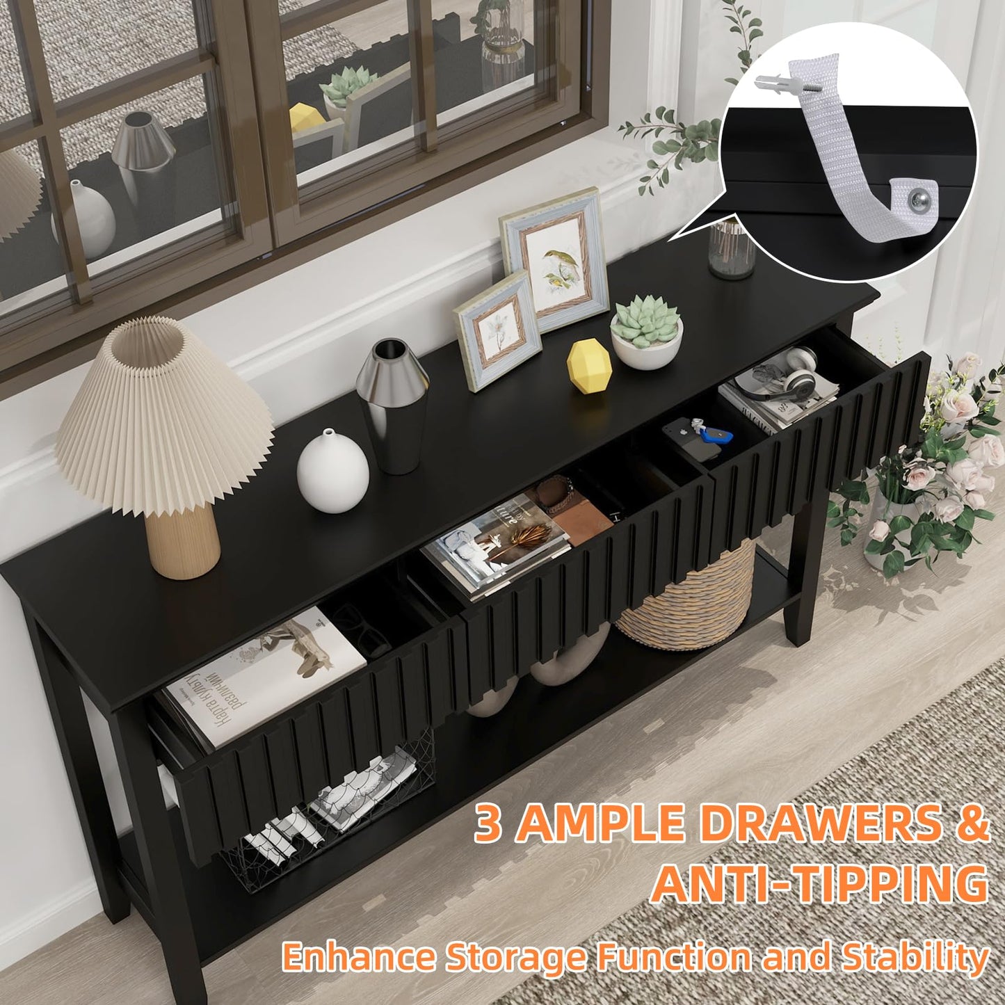 LAZZO Painted Wood Console Table Narrow Long Sofa Table Modern Behind Couch Table Fluted Entryway Table with 3 Drawers and Open Storage Shelf for Living Room, Foyer and Hallway Black (Black, 1 Tier)