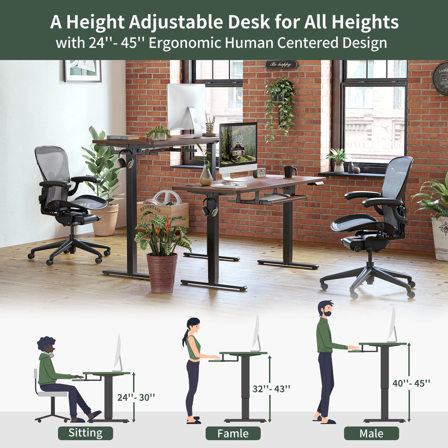 FEZIBO Height Adjustable Electric Standing Desk with Keyboard Tray, 48 x 24 Inches Stand up Table, Sit Stand Home Office Desk with Splice Board, Black Frame/Espresso Top