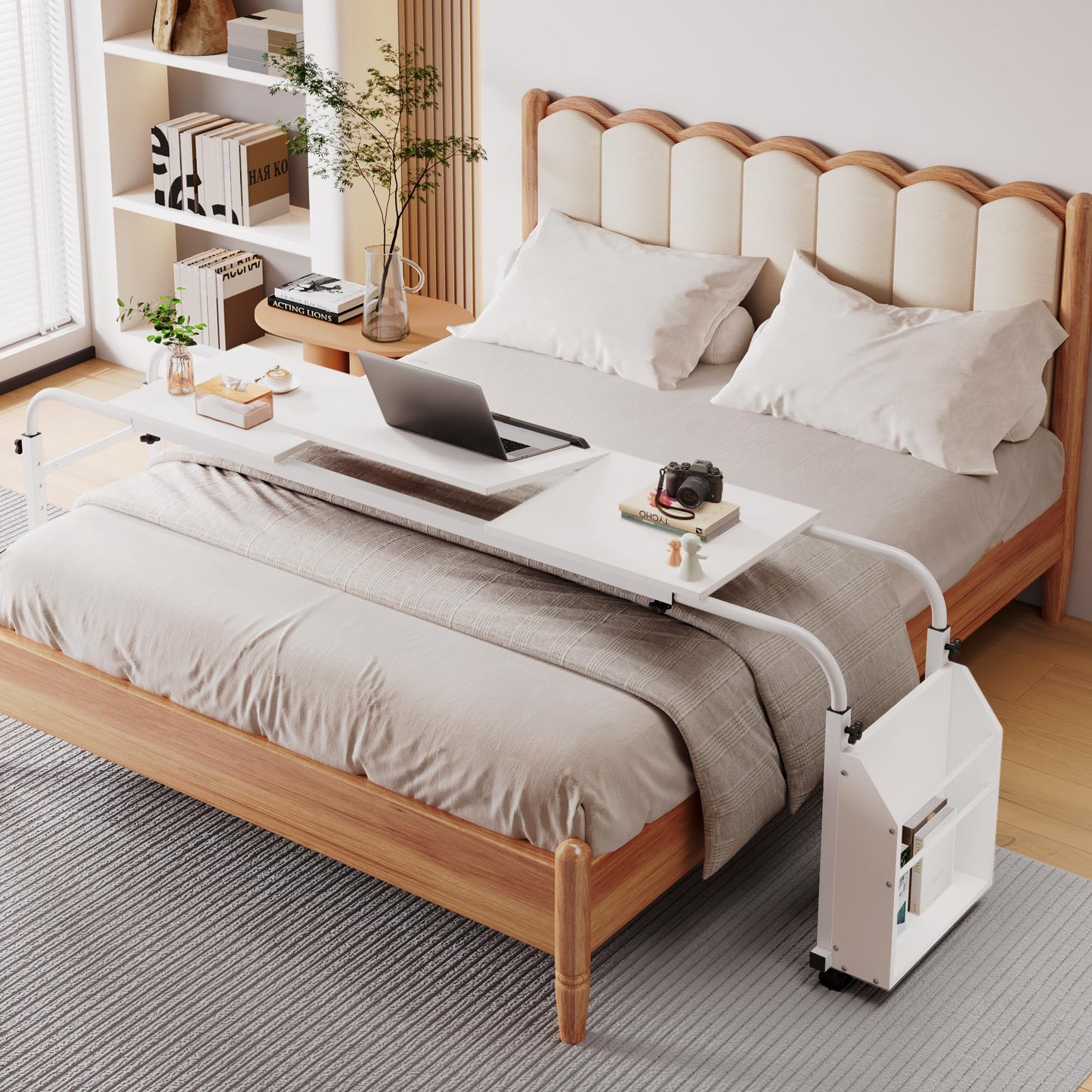 Arlopu Overbed Table with Wheels,60.6-84.2 inches Mobile Bed Desk,Rolling Computer Desk, Laptop Cart,W/0-65°Tilt Stand,4 Heights and 6 Lengths,Side Storage Basket,for Home,Office and Hospital (White)